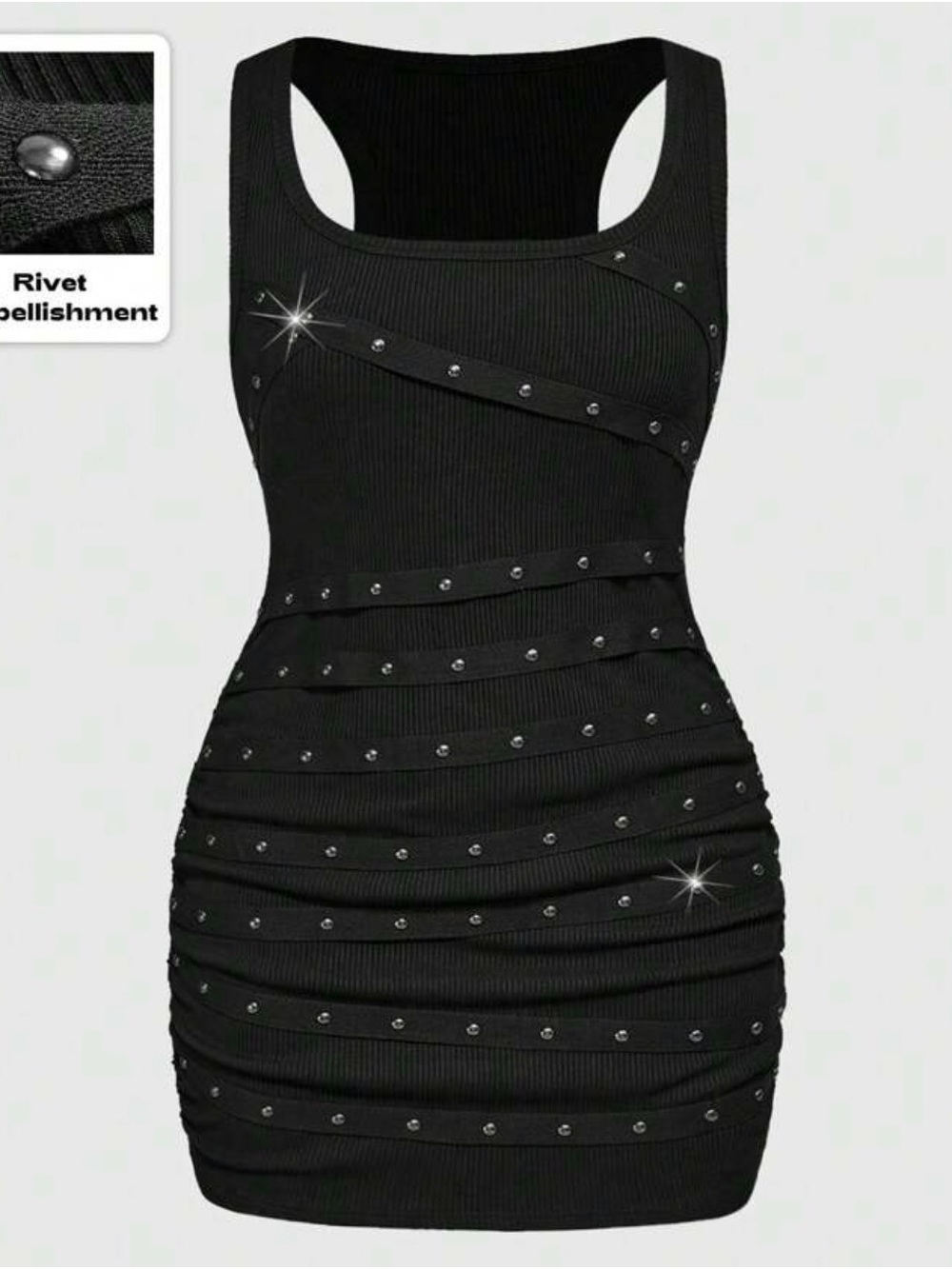 ROMWE Black Studded Ribbed Bodycon Mini Dress
